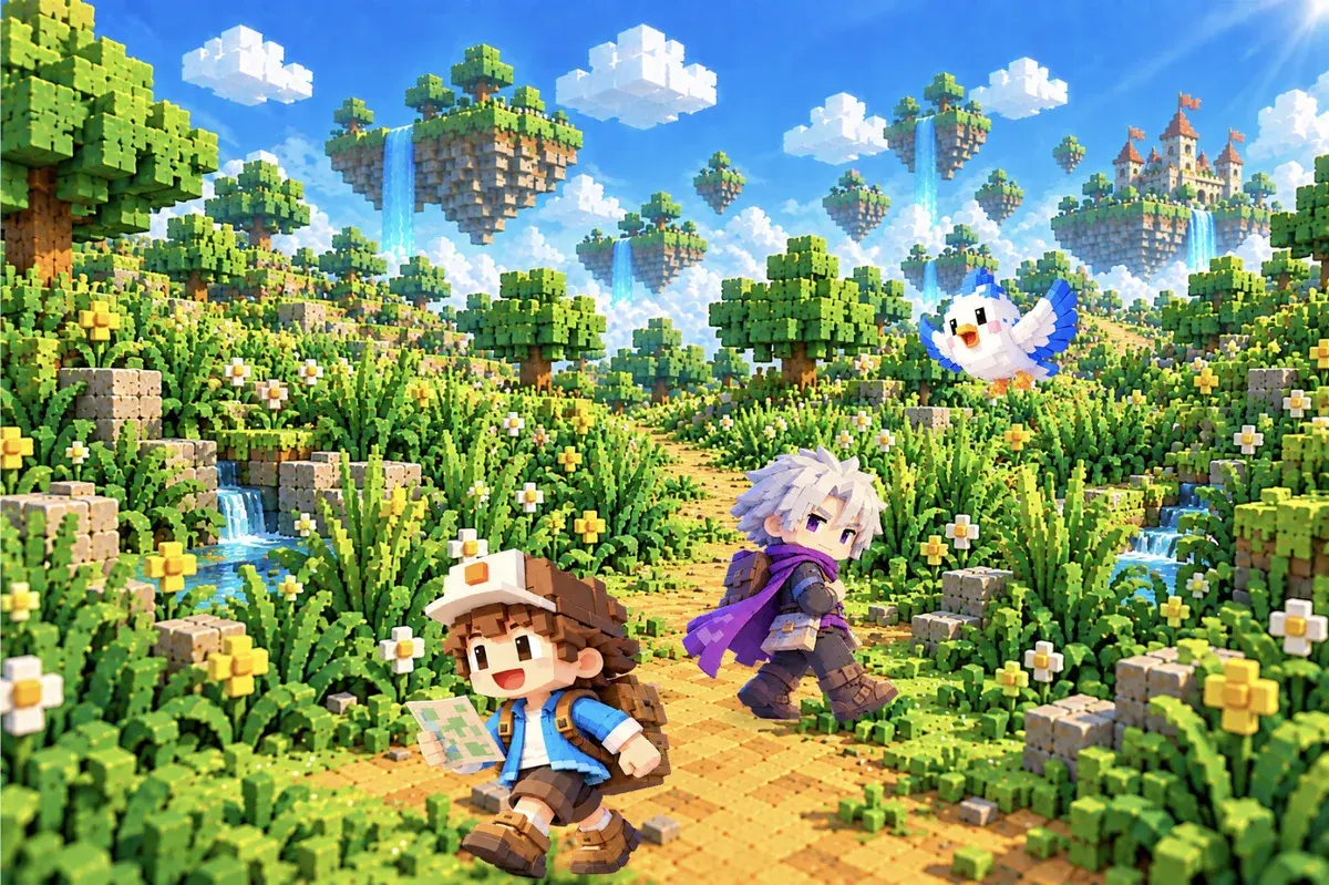 草のしげる細い道を、レイがふり返りながら歩き、ソラがついていく。ルウは空を飛ぶ