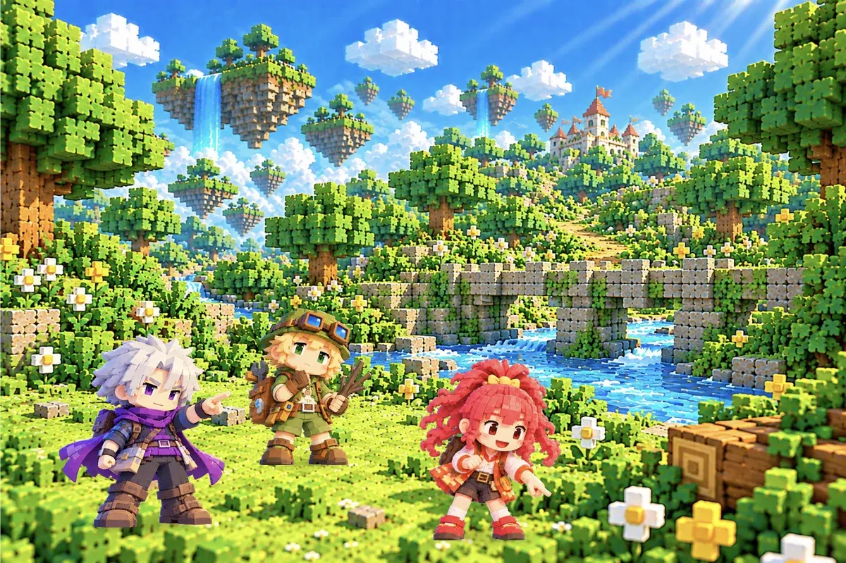 はなれた場所から、川をわたる石の通路と向こう岸の道が見える。レイとアカリがさし、タクミが考える